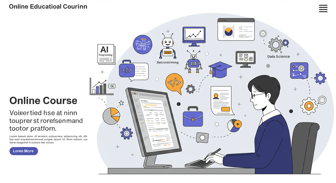 컴퓨터를 사용하는 한국 전문가 주변에 떠다니는 다양한 교육 과정 아이콘