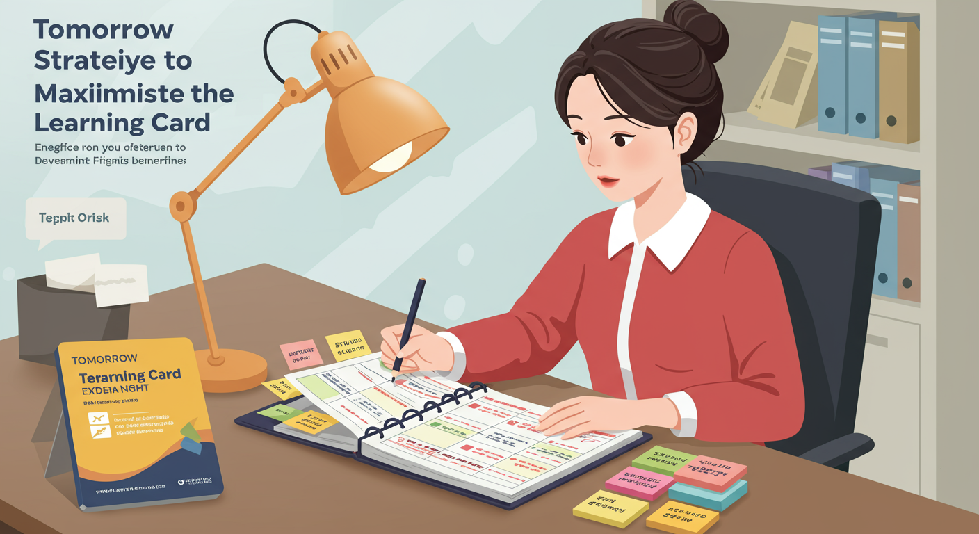 플래너와 메모지를 사용해 내일배움카드 혜택을 극대화하기 위한 전략을 세우는 한국 직원