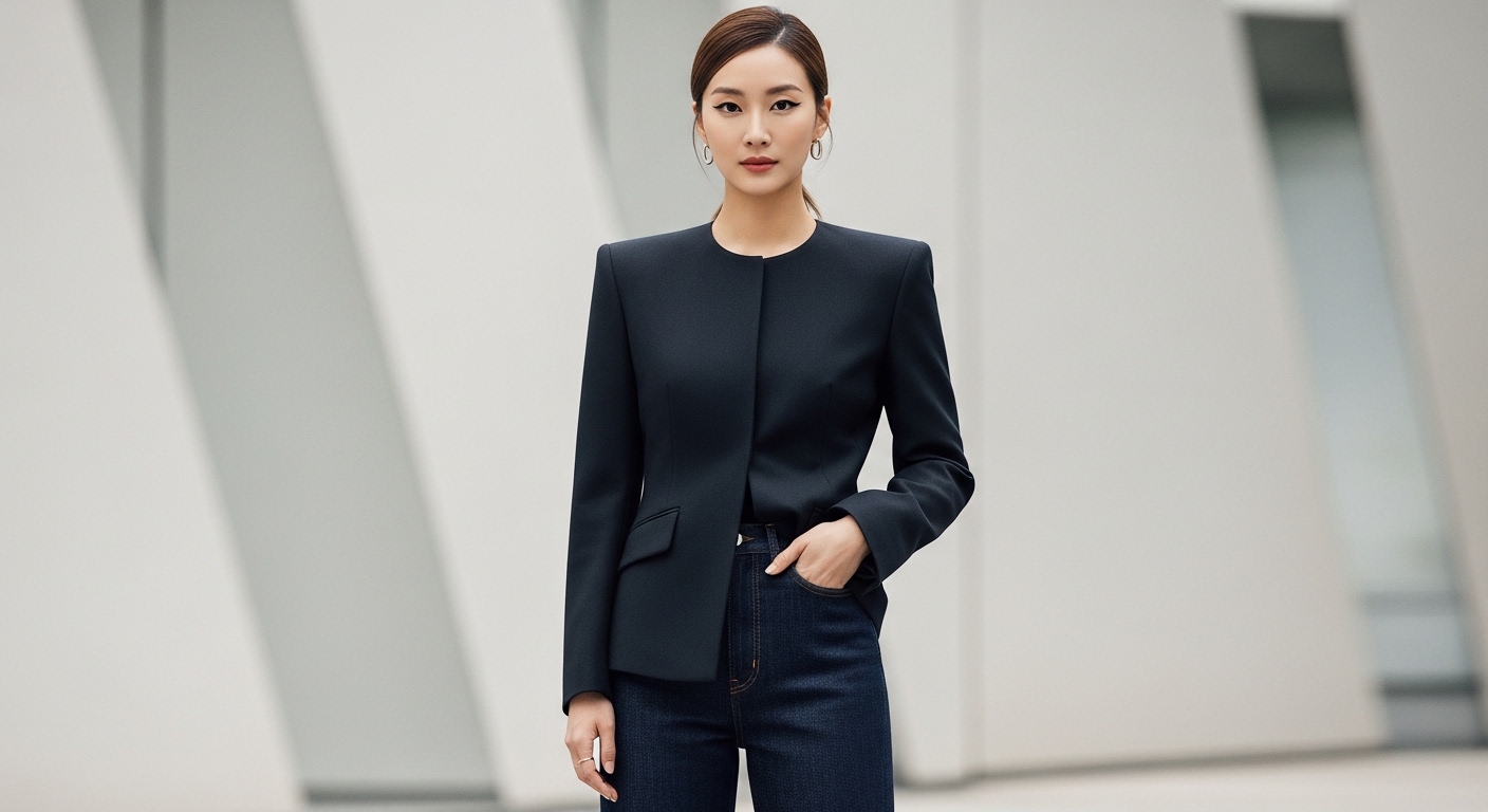 카이트 나라 재킷과 데님 팬츠를 입고 있는 여성의 단정하고 세련된 모습