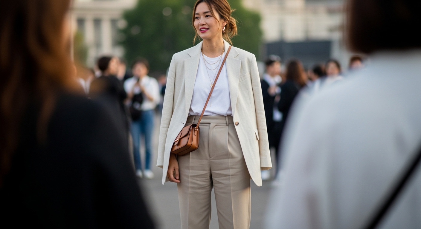 공공장소에서 자연스럽고 절제된 스타일을 연출하는 한국 여성의 모습