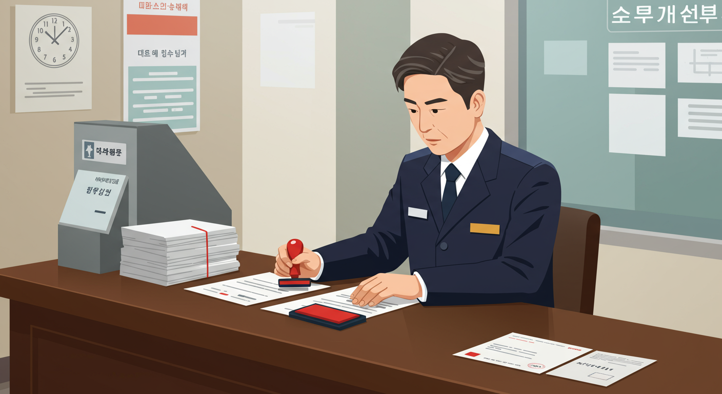 우체국 직원이 등기우편 문서에 도장을 찍는 장면