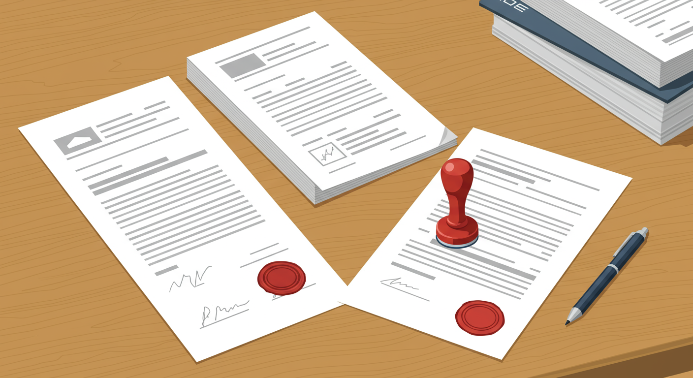 책상 위에 세 부의 문서를 준비하며 도장이 놓여 있는 모습