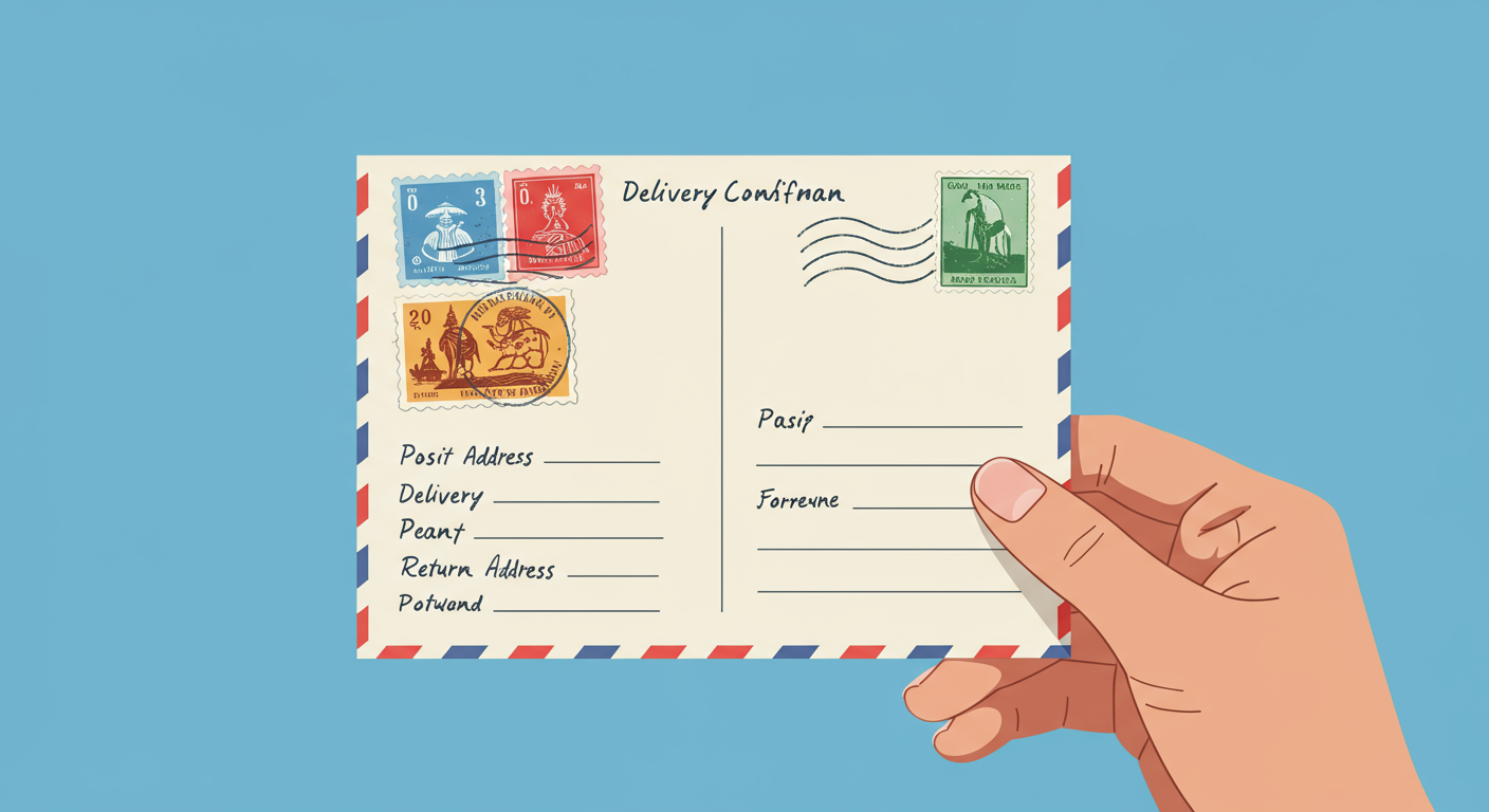 배달 확인 엽서를 들고 있는 손의 클로즈업 모습