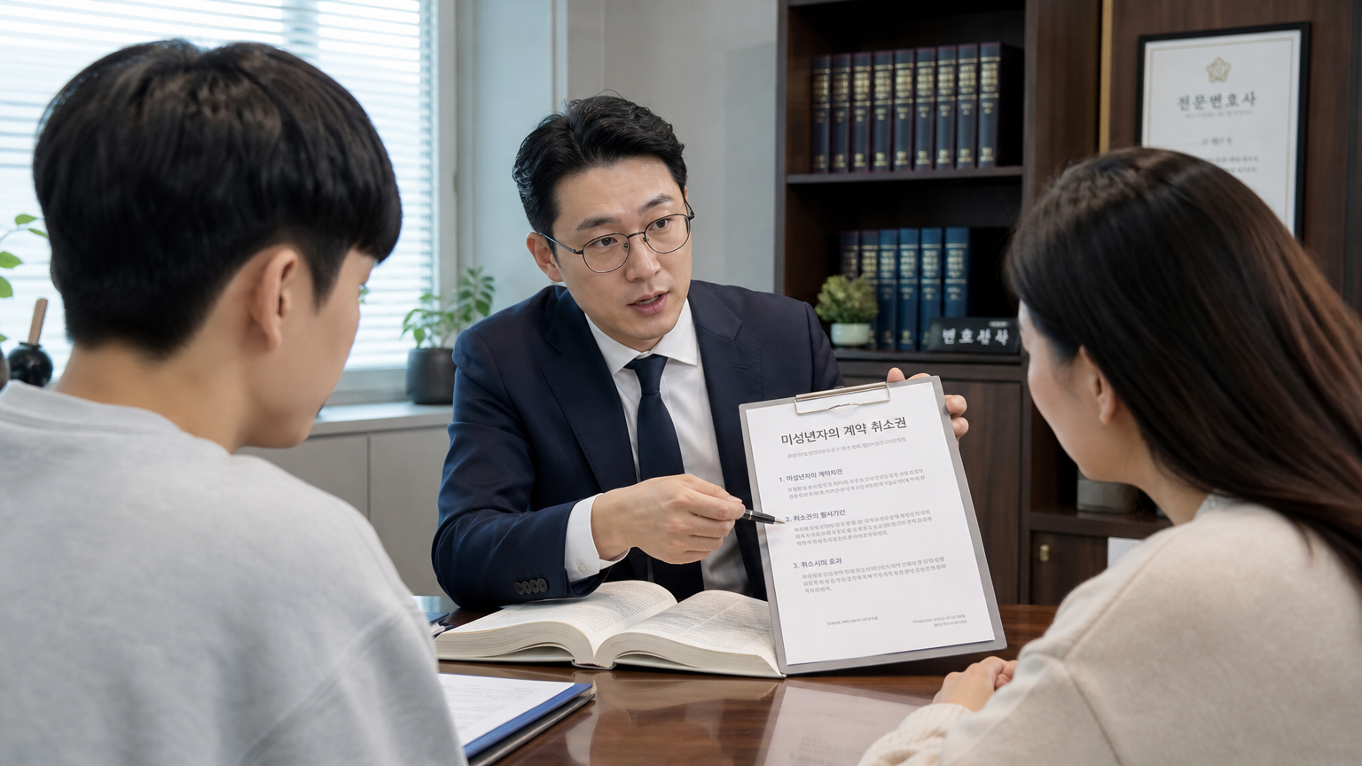 한국에서 미성년자의 계약 취소권 관련 서류를 설명하는 변호사와 클라이언트들