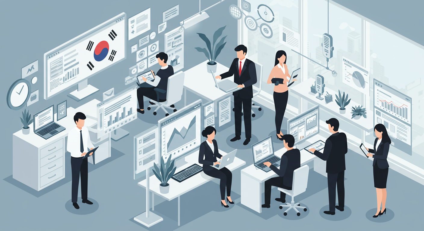 바쁜 현대인들이 사무실에서 디지털 기기를 활용하여 효율적으로 녹취 서비스를 이용하는 모습
