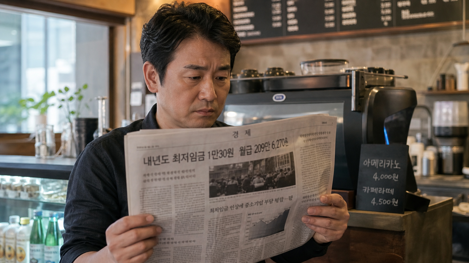 현대적인 카페 주인이 신문을 읽으며 최저임금 인상 소식을 듣고 걱정하는 모습