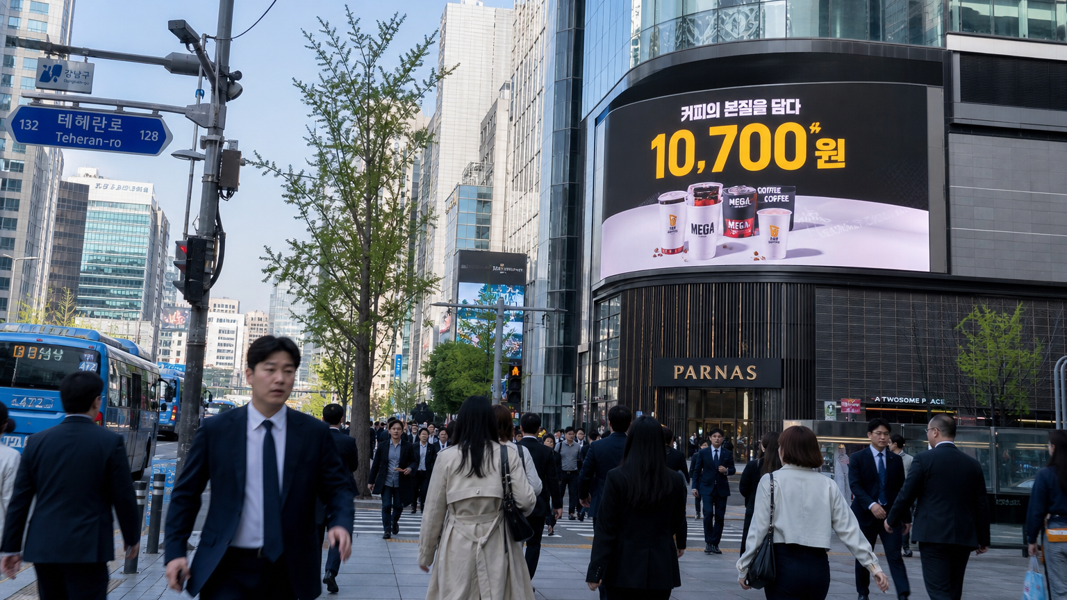 서울 거리에서 디지털 광고판에 표시된 '10,700원'과 바쁜 비즈니스 인들이 지나가는 장면