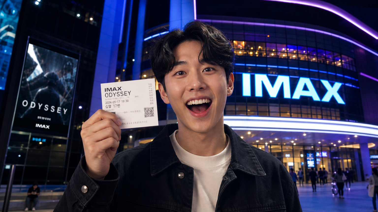 최신 영화관 앞에서 IMAX 티켓을 들고 있는 영화 팬의 모습
