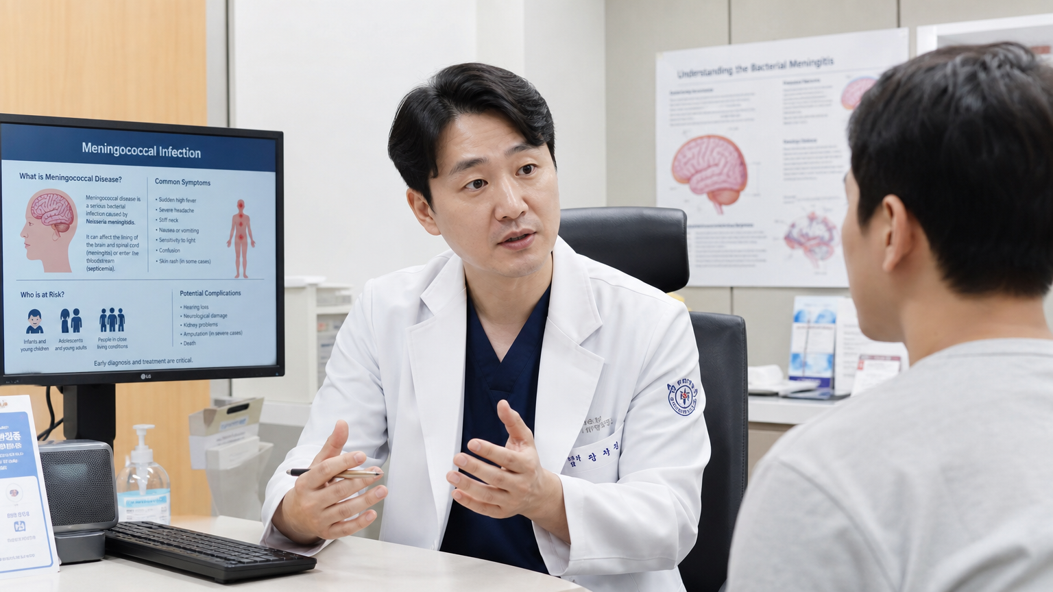 현대 병원에서 환자에게 수막구균 감염증의 위험성을 설명하는 의사의 모습