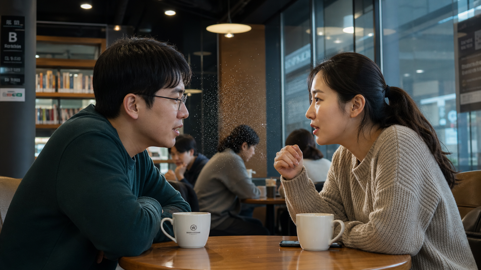 카페나 도서관과 같은 공공장소에서 대화를 나누는 성인들의 모습