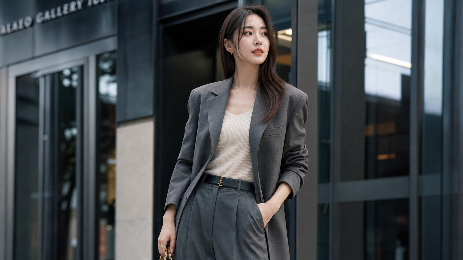 도회적인 환경에서 최신 패션 트렌드를 선보이는 현대적 배우의 모습