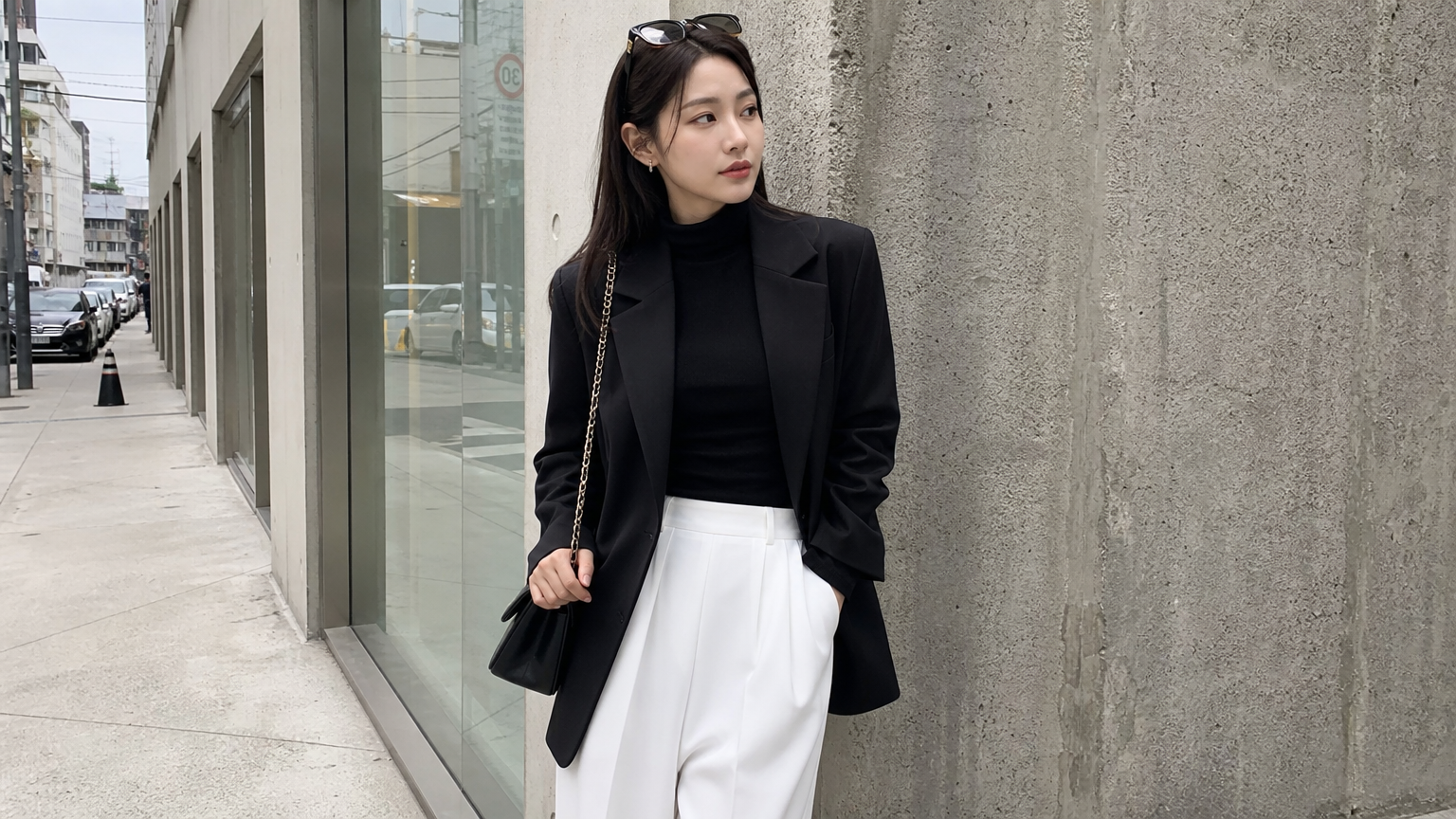 블랙과 화이트로 구성된 세련된 미니멀리즘 패션을 선보이는 여성