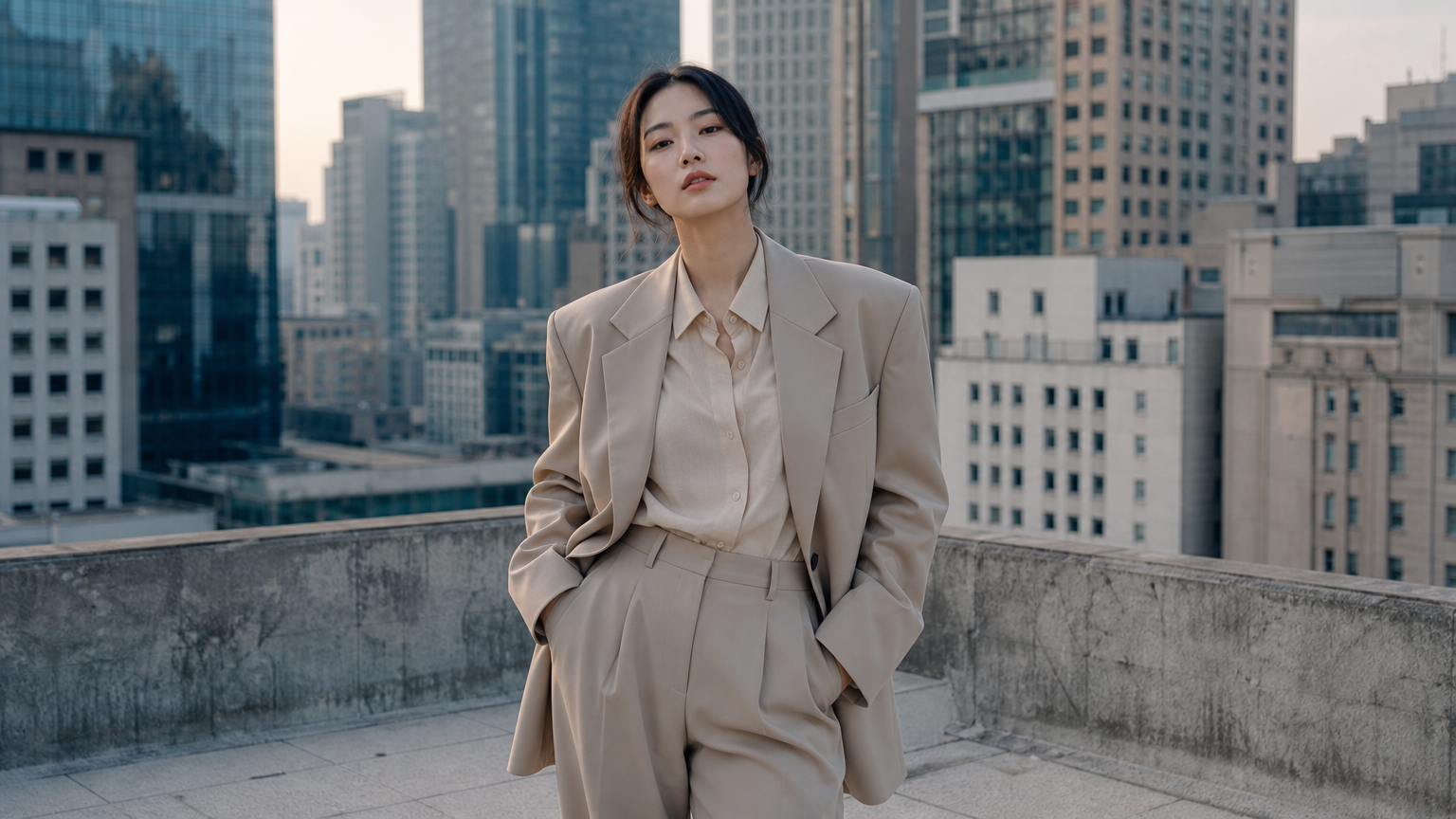 현대 도시 배경에서 젠더리스 오버사이즈 수트를 착용한 여성이 자아내는 중성적인 스타일