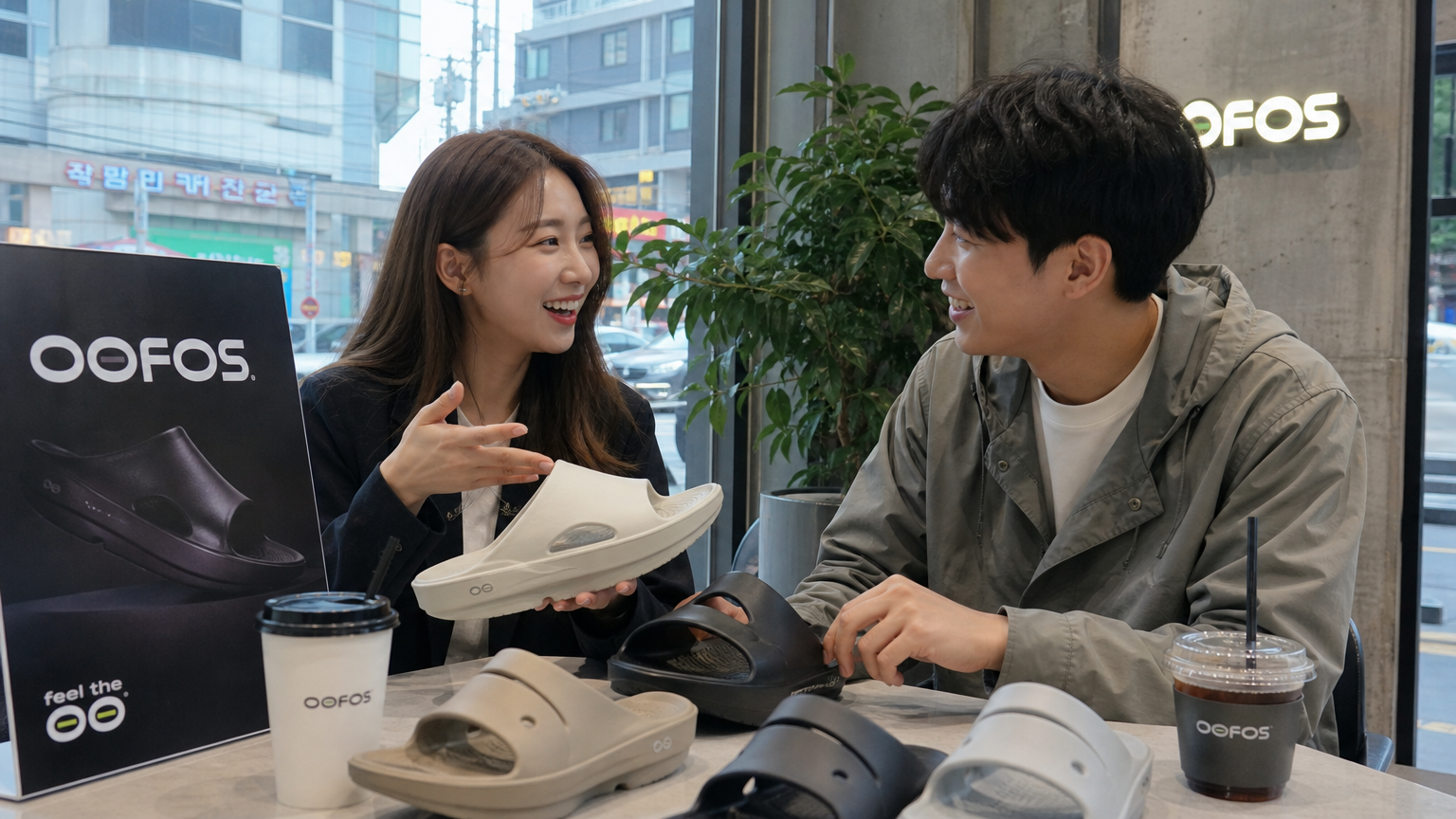서울 카페에서 우포스 신상 모델을 이야기하는 현대적인 남녀
