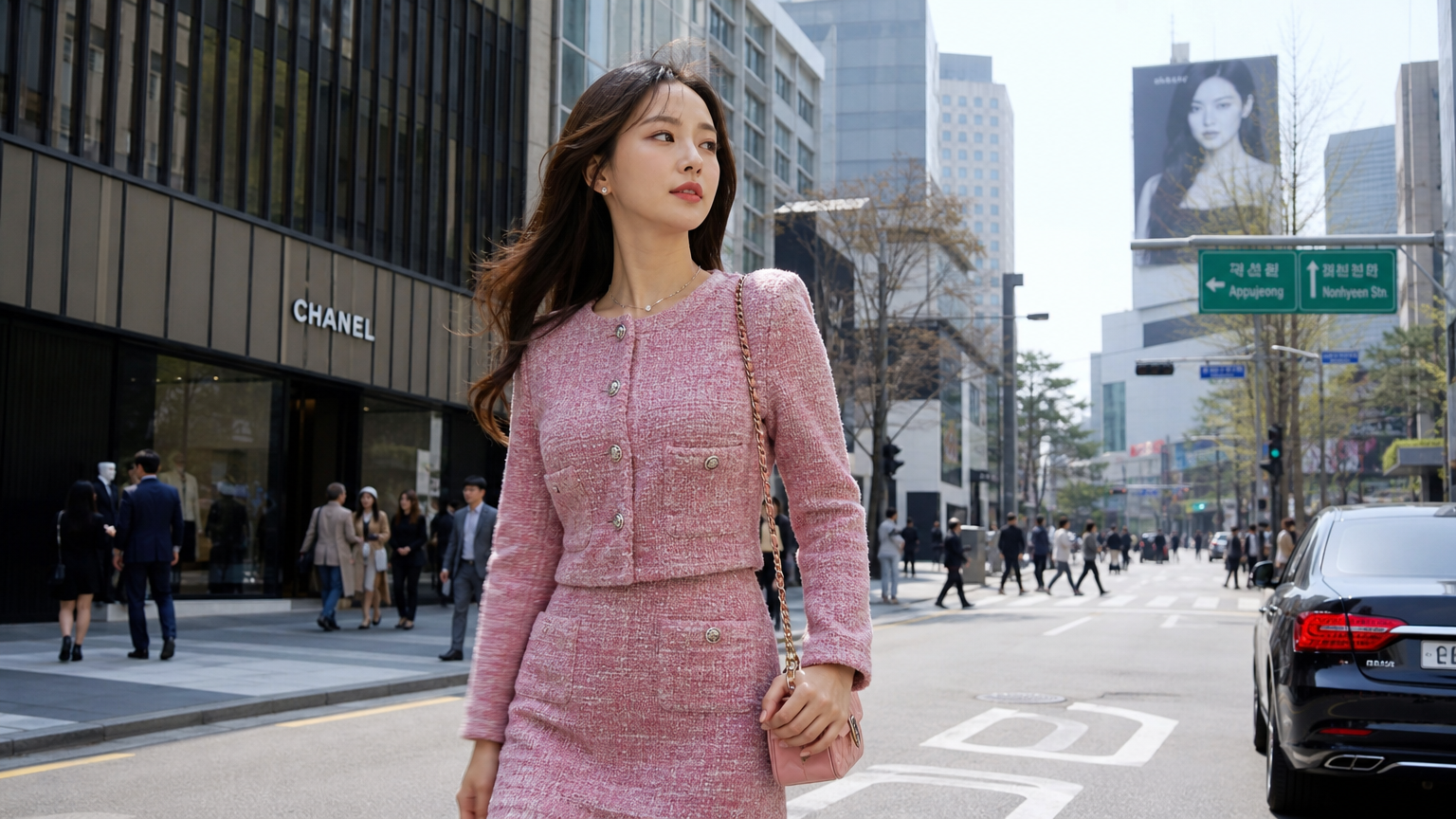 서울 거리에서 샤넬 의상을 입고 당당하게 걷는 젊고 스타일리시한 여성