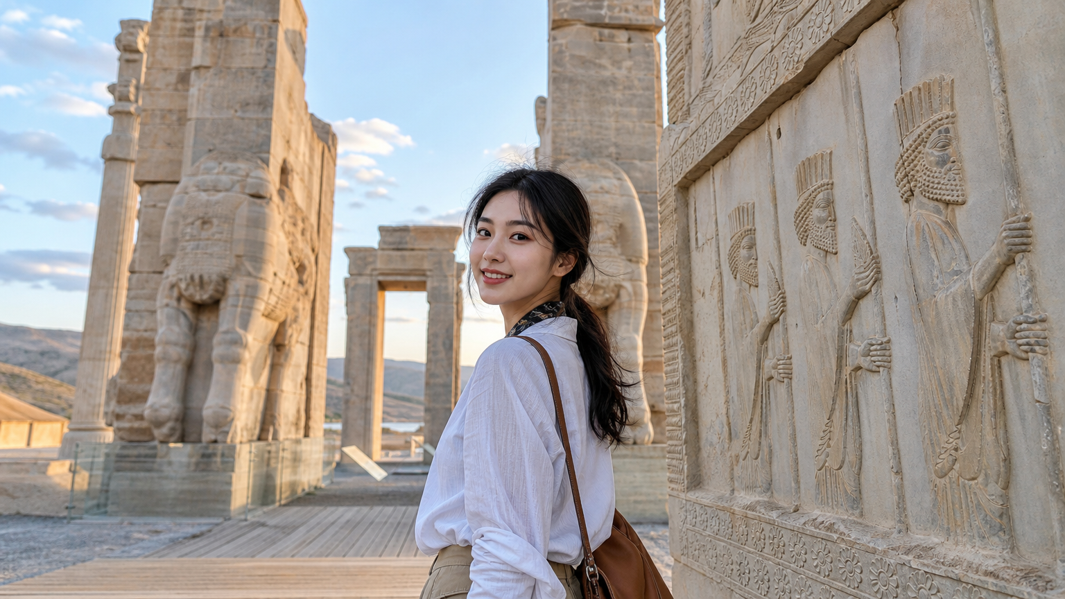 젊은 여성이 페르시아 유적지를 탐험하며 고대 건축물과 조각을 감상하는 모습