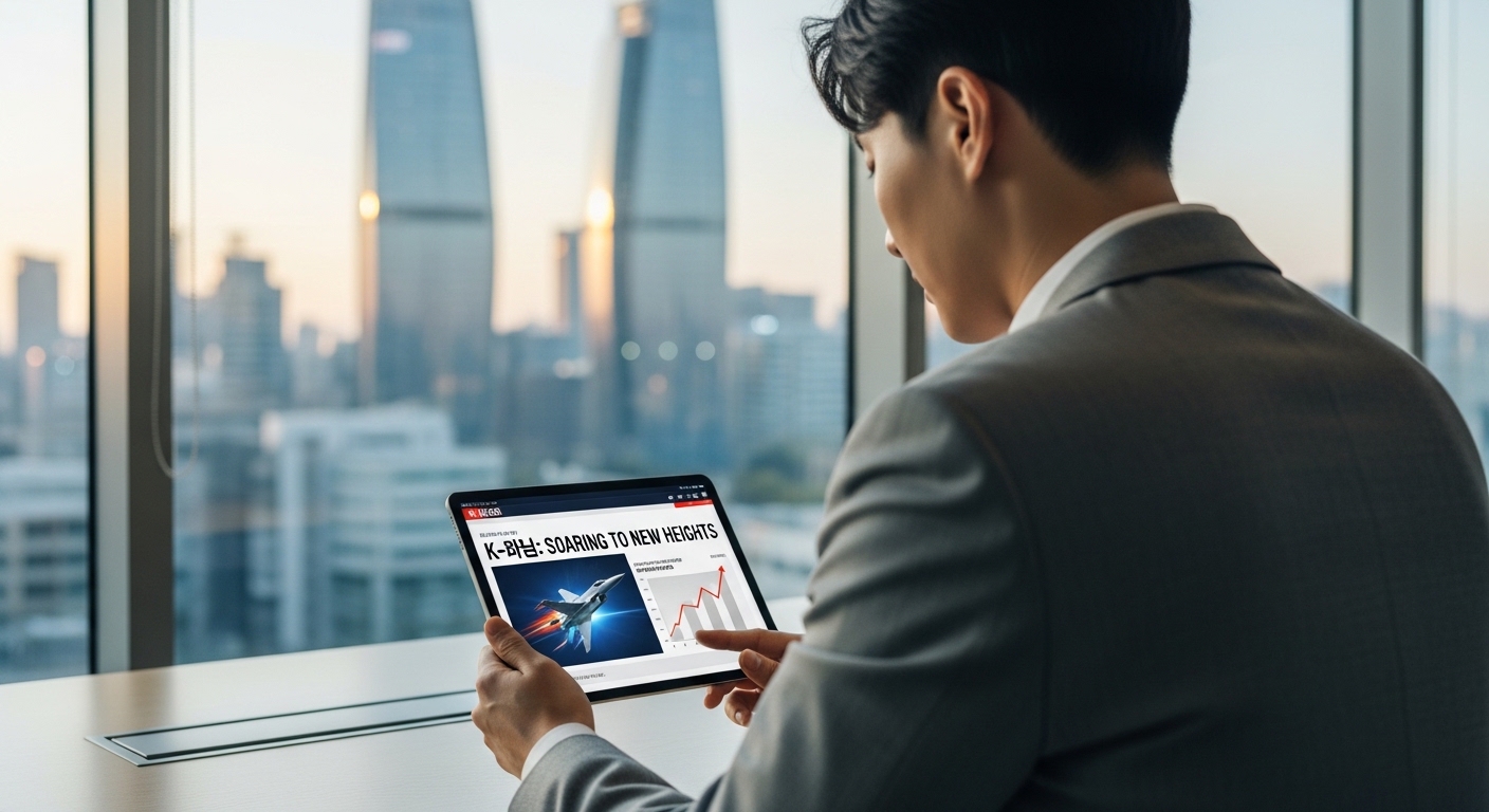 현대 한국 직장인이 디지털 기기로 K-방산 뉴스 읽는 모습, 도시적 배경 속에서 방위 산업의 성장 반영