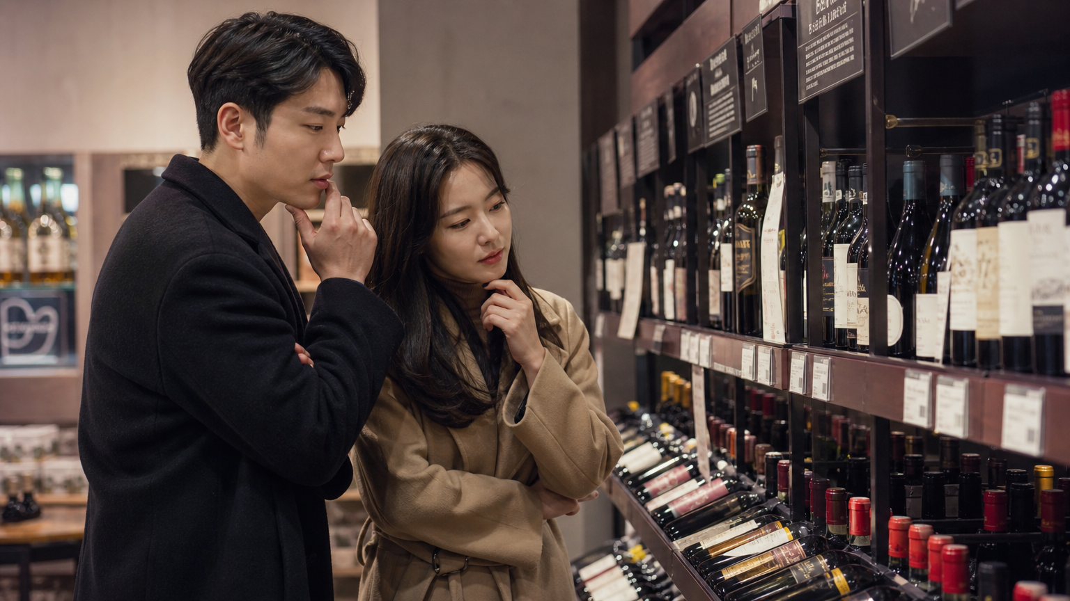 한 쌍의 커플이 와인 매장 선반 앞에서 여러 와인을 고민하는 모습
