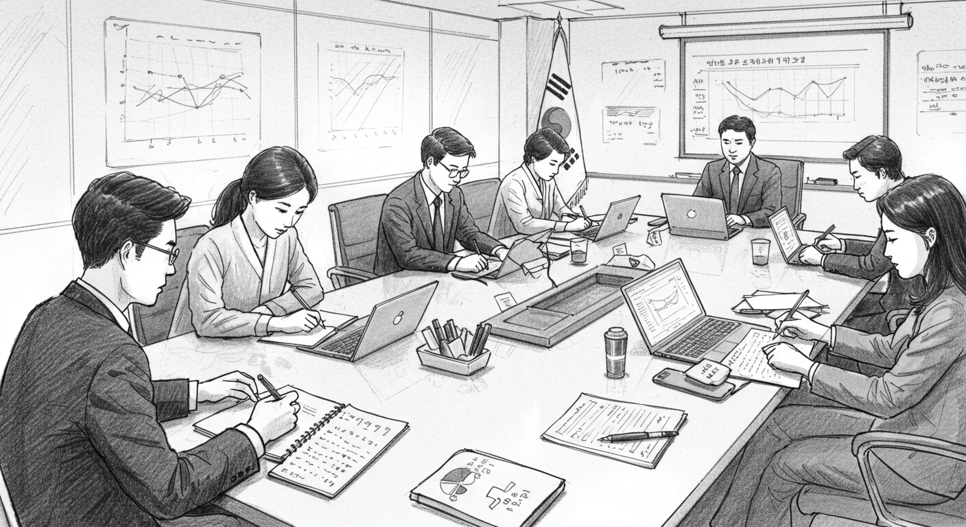 한국 비즈니스 회의 중 속기 서비스 사용 장면