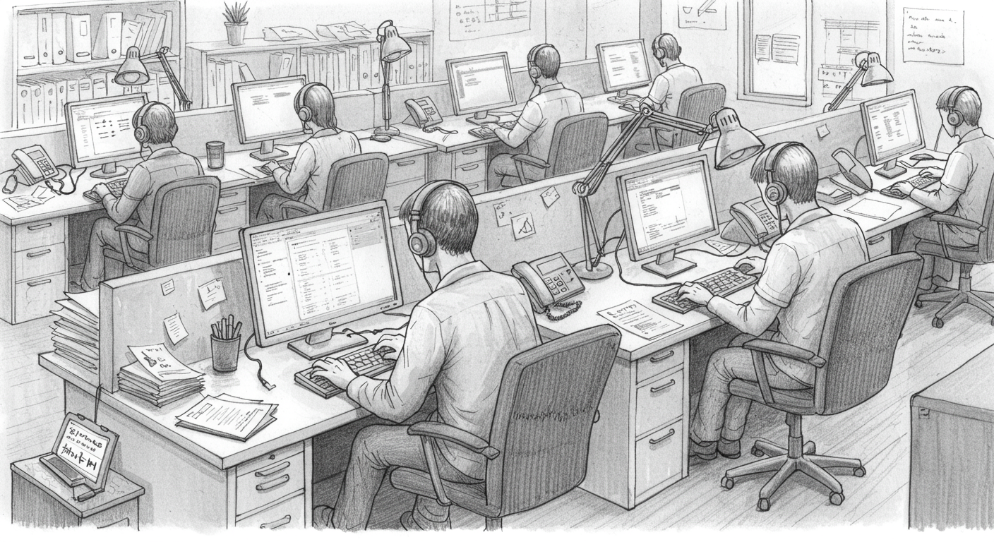 전문 속기사무소에서 오디오 파일을 텍스트로 변환하는 모습