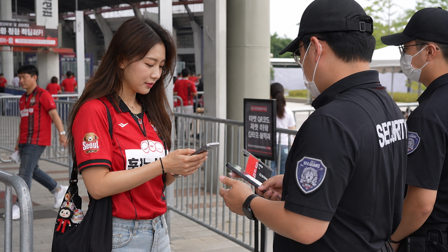 서울월드컵경기장 입구에서 디지털 티켓과 신분증을 확인하는 여성 관람객
