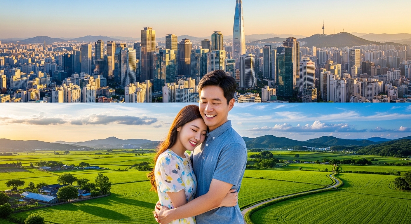 도시 고층 빌딩과 조용한 시골 들판이 대조를 이루는 배경에서 사랑에 빠진 한국 커플의 모습