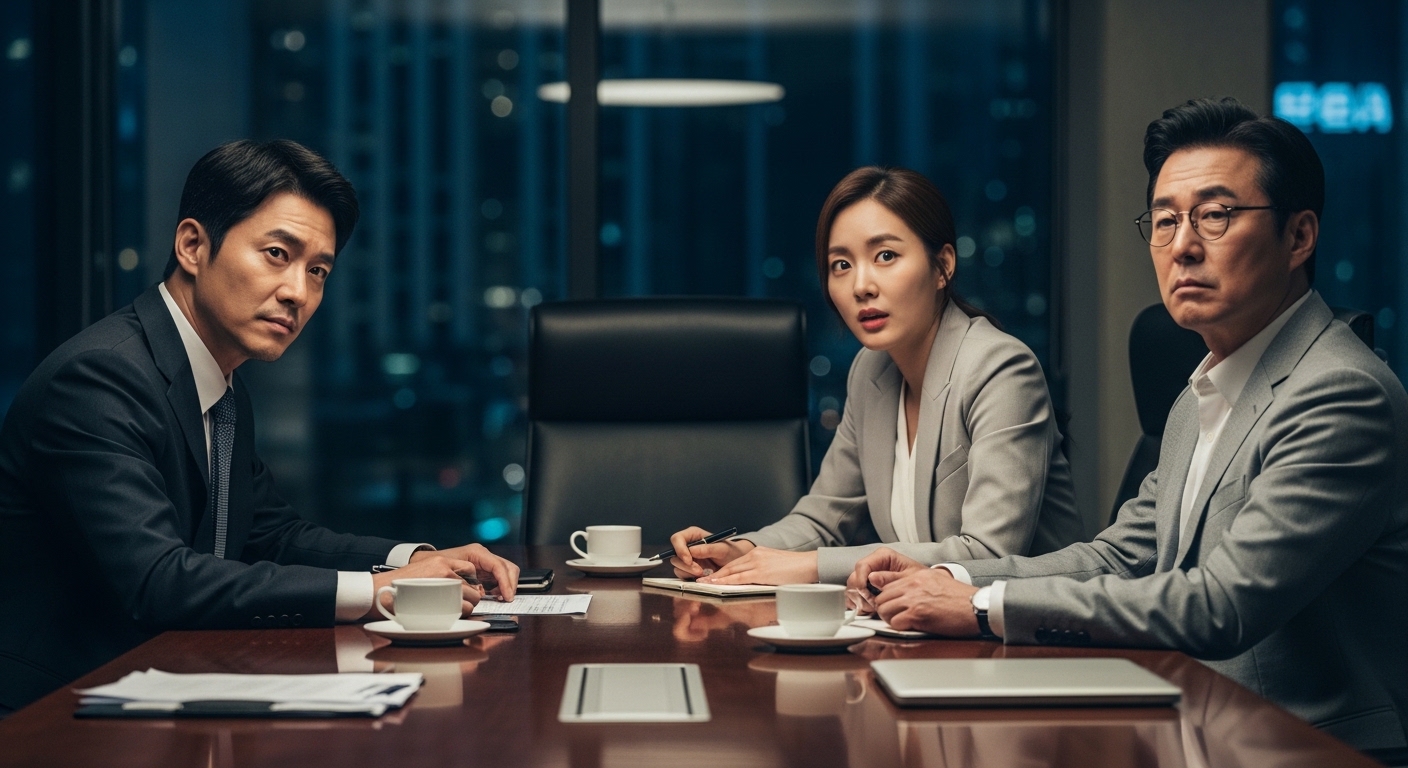 긴장된 비즈니스 회의를 하는 세 명의 한국인 캐릭터들