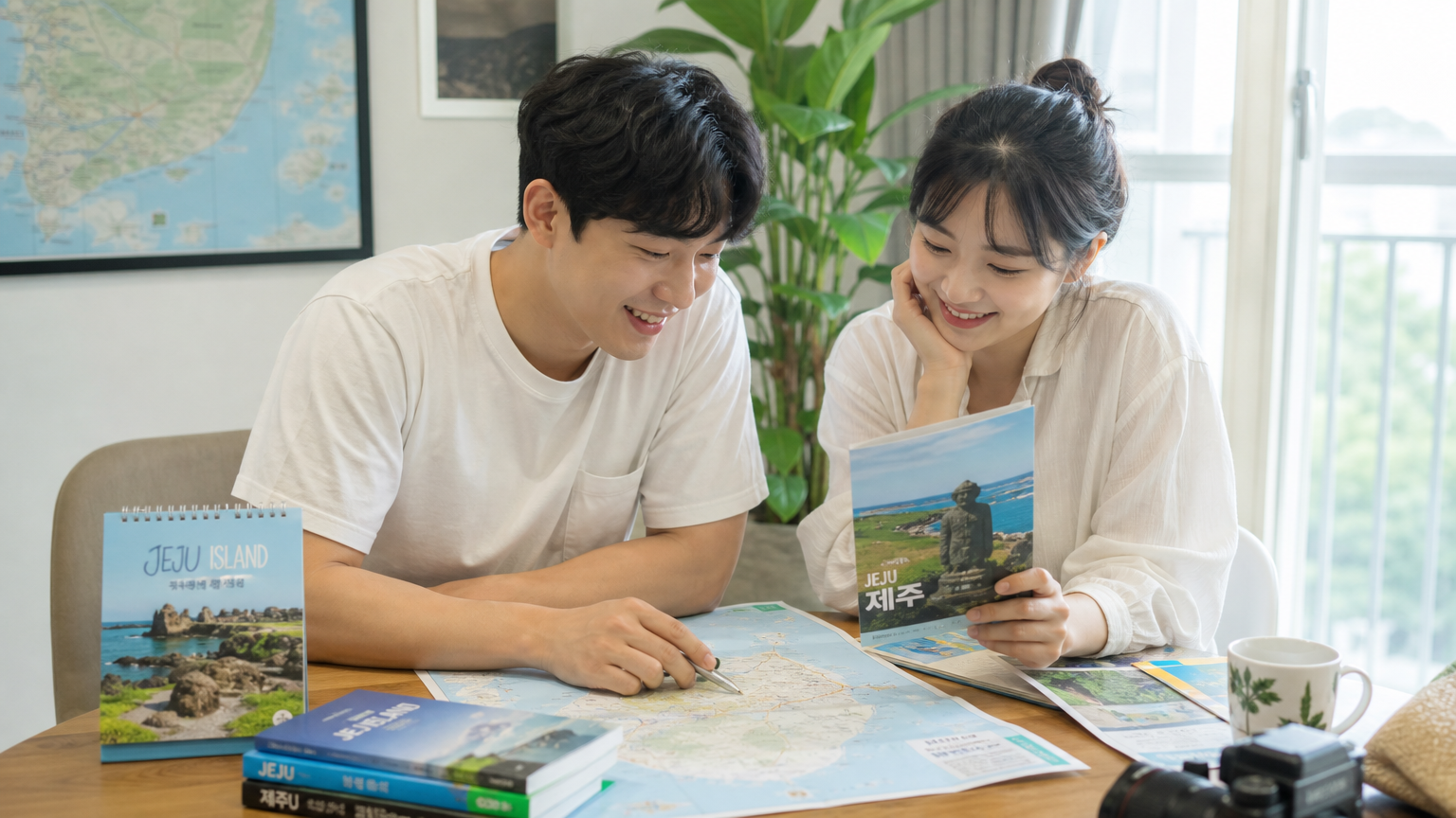 여름 제주 여행을 계획 중인 커플이 지도와 가이드북을 펼쳐놓고 있는 모습