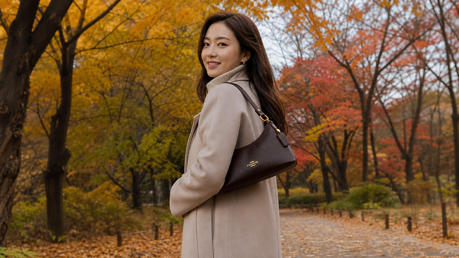 가을 옷차림에 럭셔리한 브루클린 숄더백을 매칭한 여성이 공원을 걷는 장면