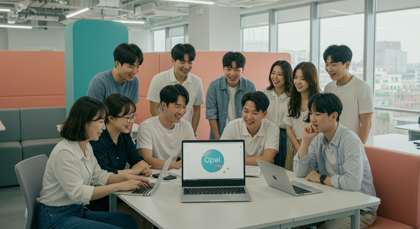 구글 오팔의 한국 출시를 논의하는 한국의 기술 애호가들이 사무실에서 모여 있는 모습