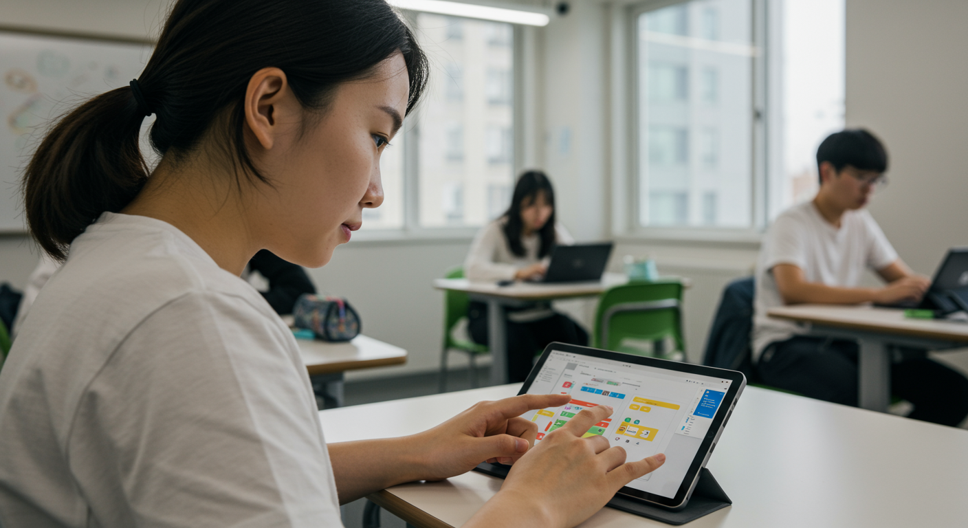 코딩 없이 구글 오팔을 사용해 앱을 만드는 한국 학생이 현대식 교실에서 집중하고 있는 모습
