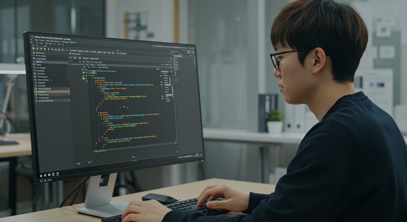 바이브코딩 기능을 테스트하는 한국 개발자가 컴퓨터 화면에서 고급 인터페이스 디자인 도구를 활용하는 모습