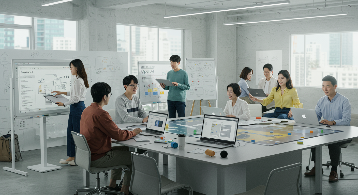 구글 오팔로 비즈니스 프로세스를 자동화하고 창의적인 앱 아이디어를 브레인스토밍하는 한국 기업가들이 공유 작업 공간에서 협력하는 모습