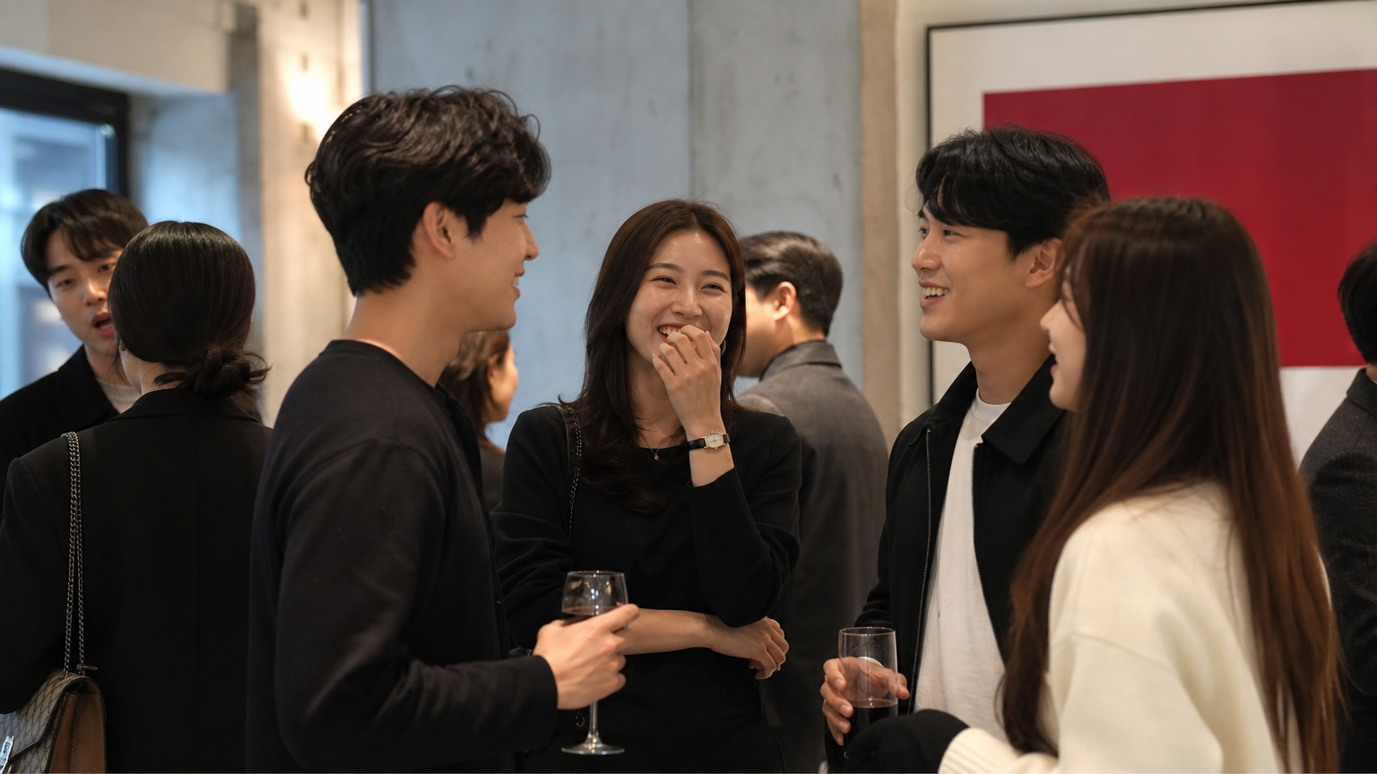 캐주얼하고 세련된 옷을 입고 사회적 모임에서 대화를 나누는 젊은 성인들