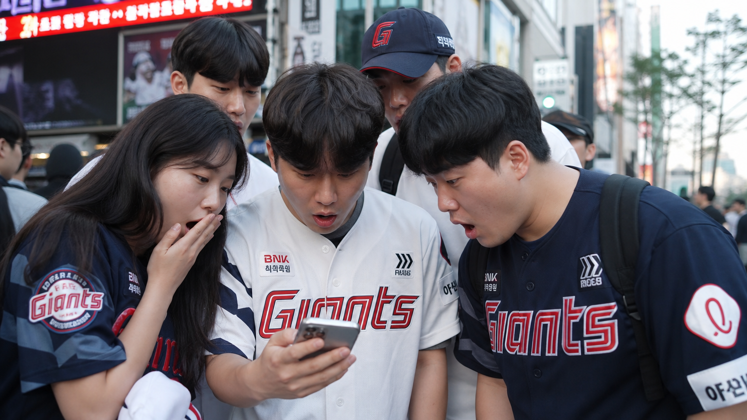 도시 배경에서 롯데 자이언츠 팬들이 휴대폰을 보며 놀라고 있는 모습
