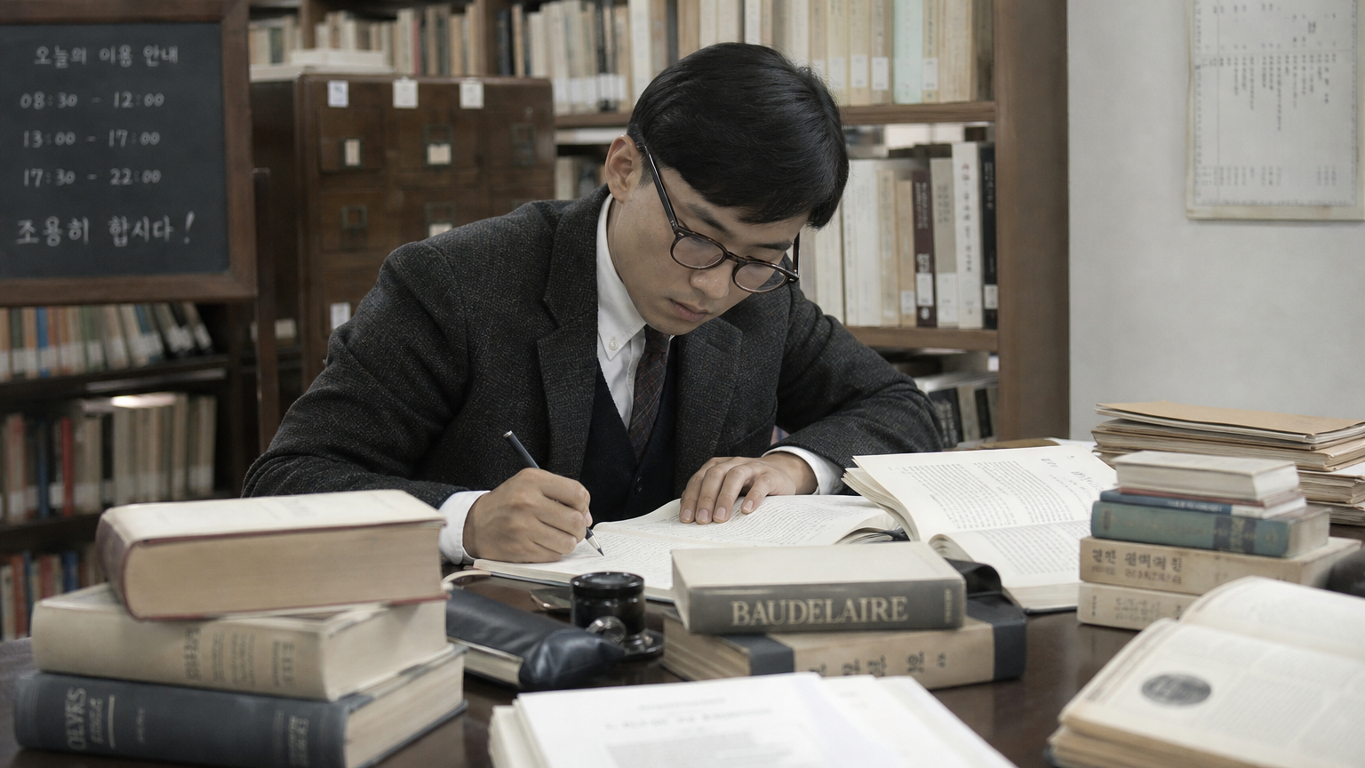 서울 대학교 도서관에서 프랑스 문학을 공부하는 젊은 학자