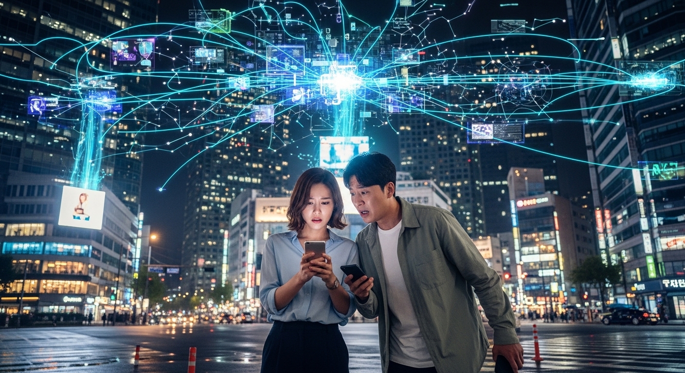 스마트폰을 보며 걱정하는 젊은 커플과 도시 하늘에 노출된 데이터 라인이 보이는 장면