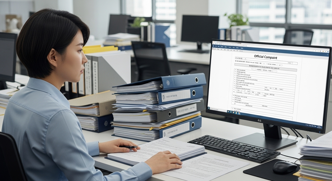 법적 서류와 컴퓨터를 앞에 두고 진지한 표정의 사무실 직원