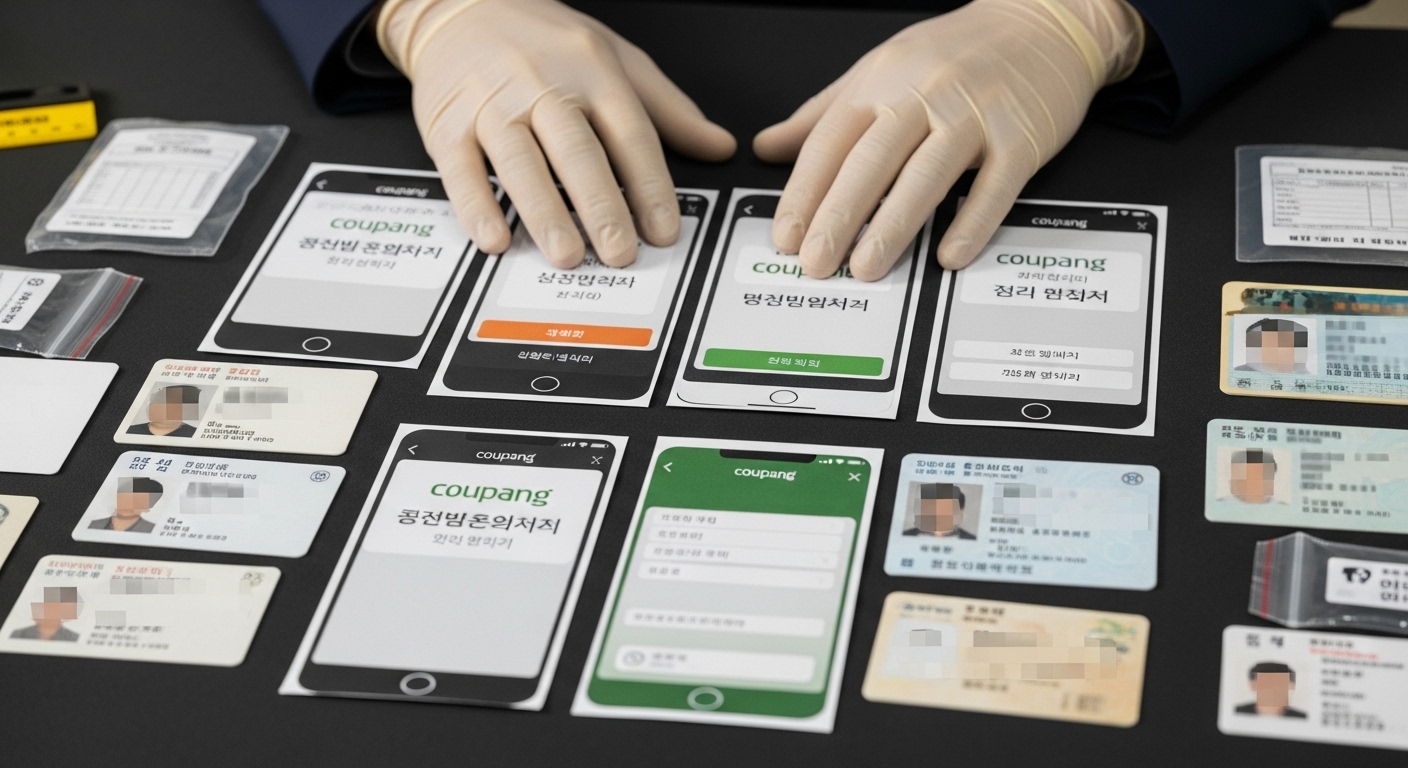 쿠팡 공지 스크린샷과 신분증 사본을 정리하는 모습