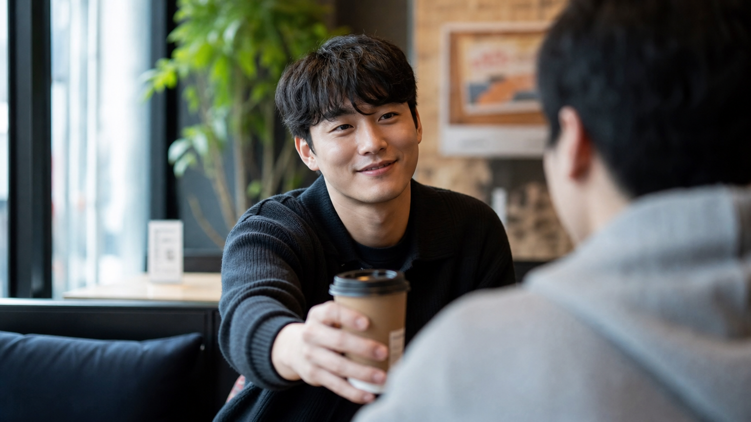 스타일리시한 카페에서 친구에게 커피를 건네는 따뜻하고 배려심 있는 한국 남성