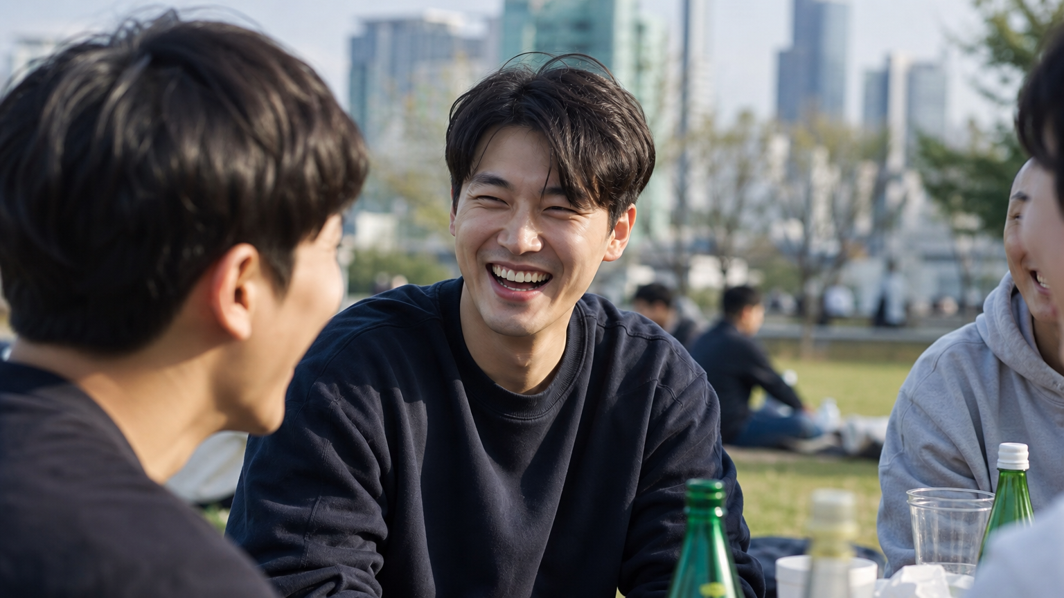 도심 공원에서 친구들과 웃으며 즐거운 오후를 보내는 한국 남성