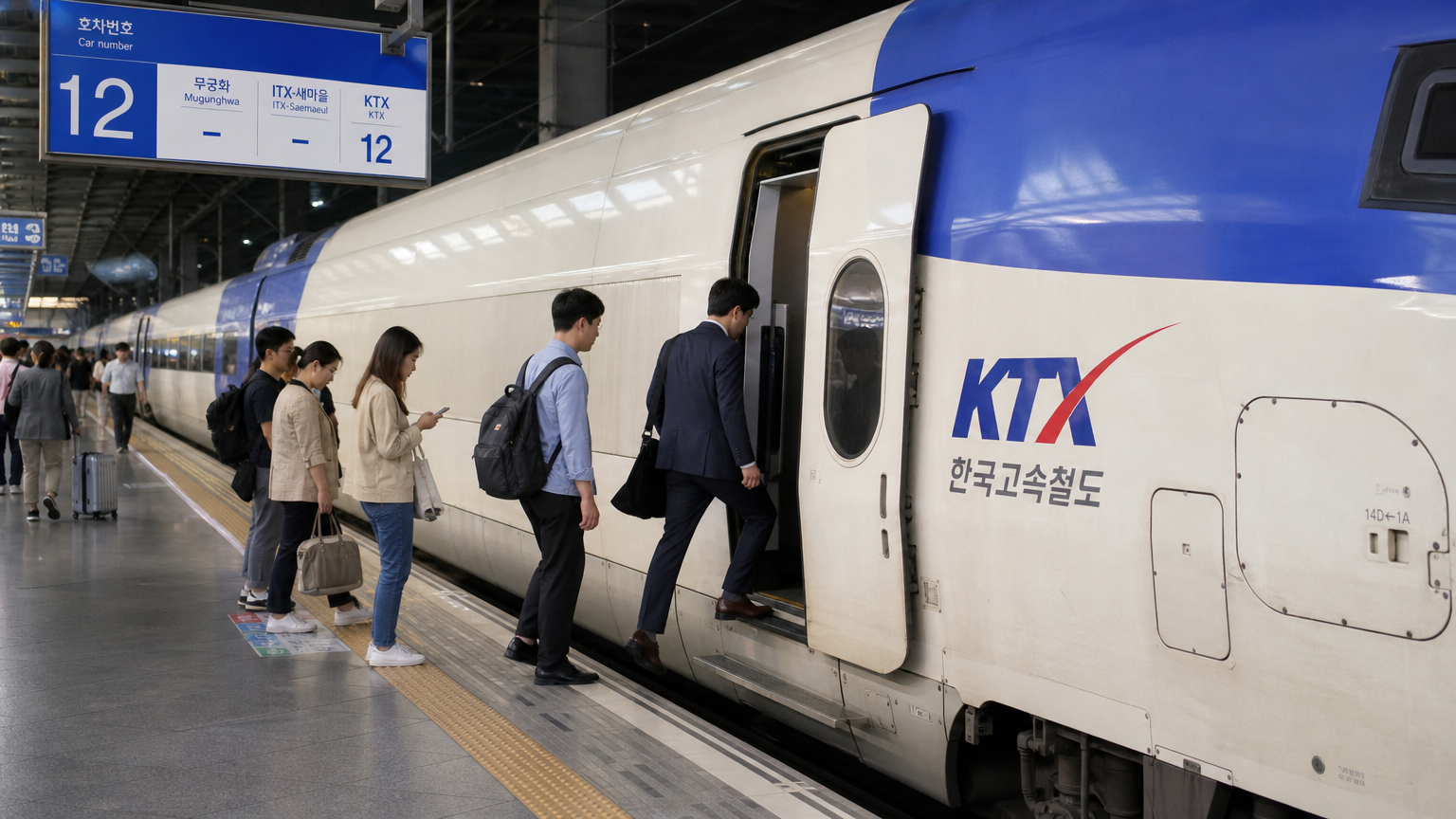바쁜 기차역에서 KTX 열차에 탑승하는 한국인의 모습