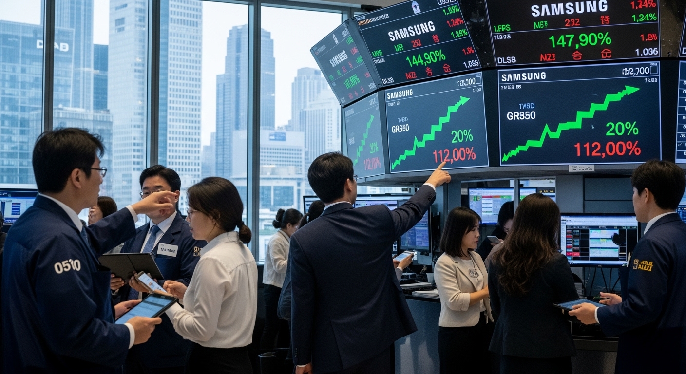 서울의 금융 중심지에서 트레이더들이 삼성전자 주가 상승을 논의하는 활기찬 증권 시장 장면