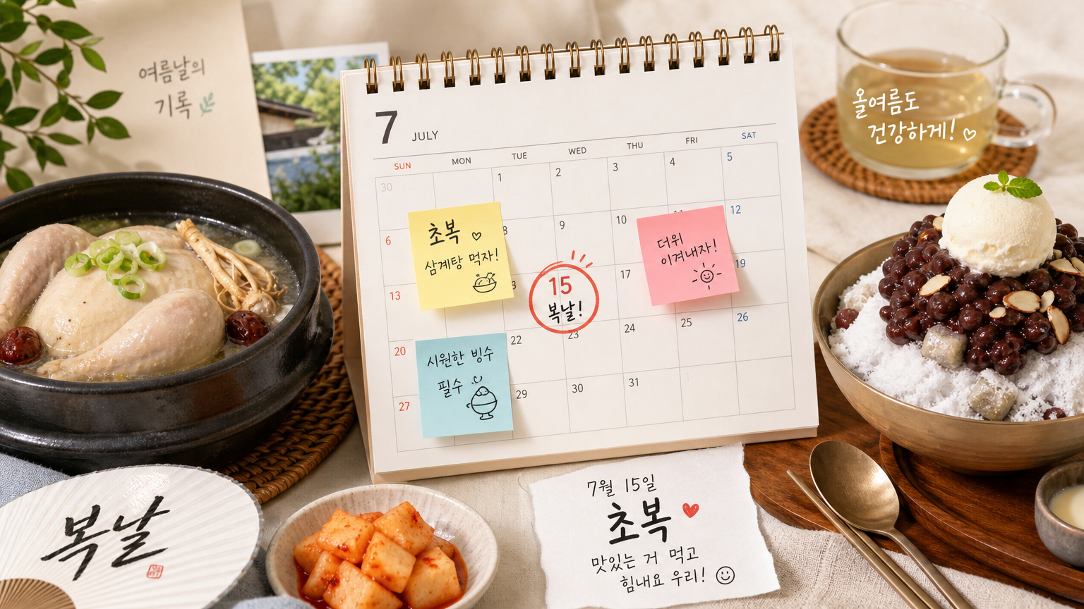 달력에 표시된 복날 계획과 전통 여름 음식이 놓여있는 장면