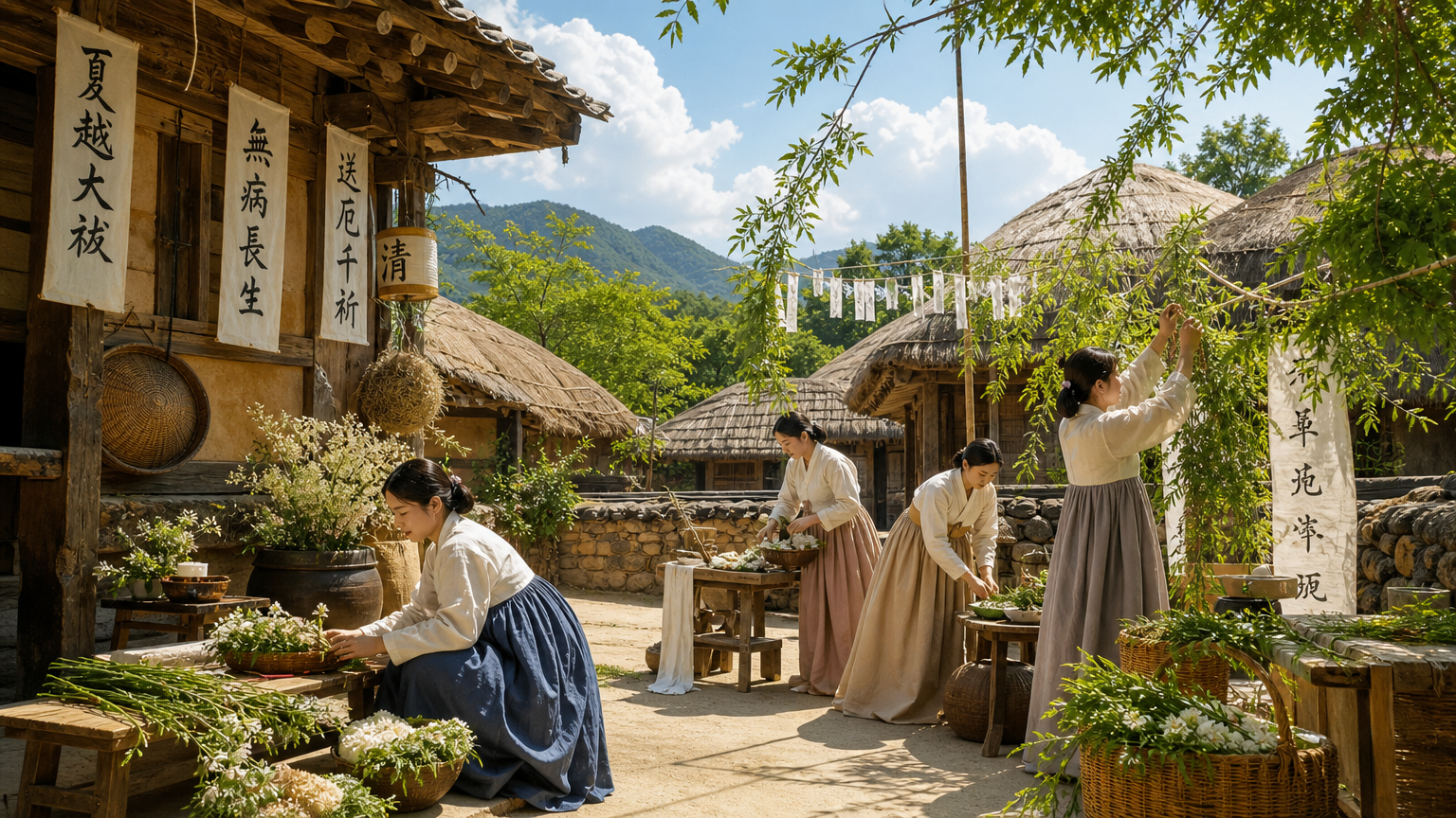 전통 의상을 입고 여름 행사를 준비하는 옛 한국 마을 모습