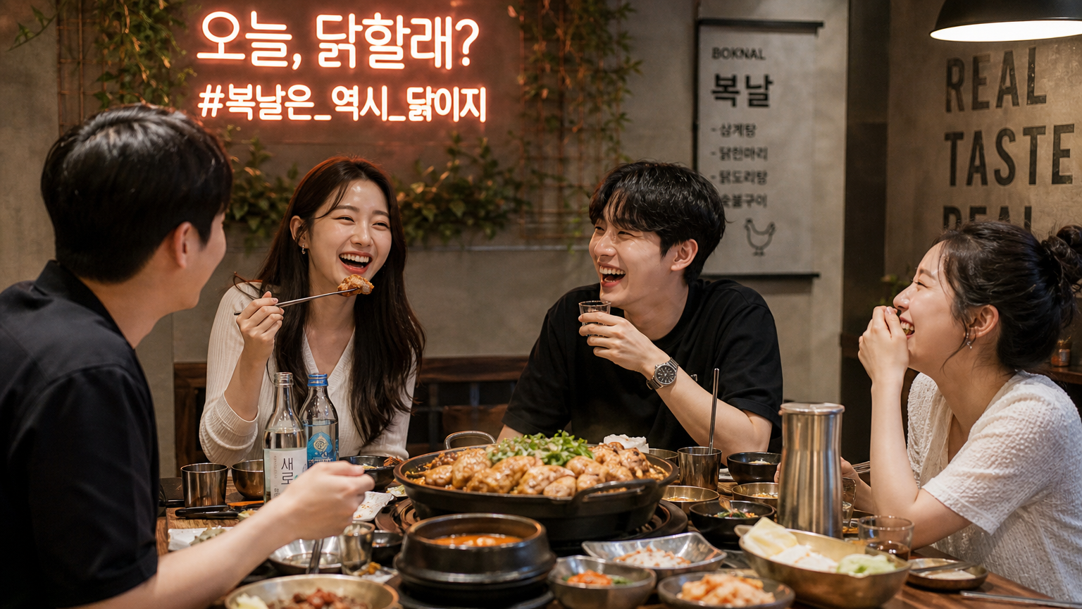 현대적인 레스토랑에서 웃으며 대화하는 젊은 한국인들의 식사 장면
