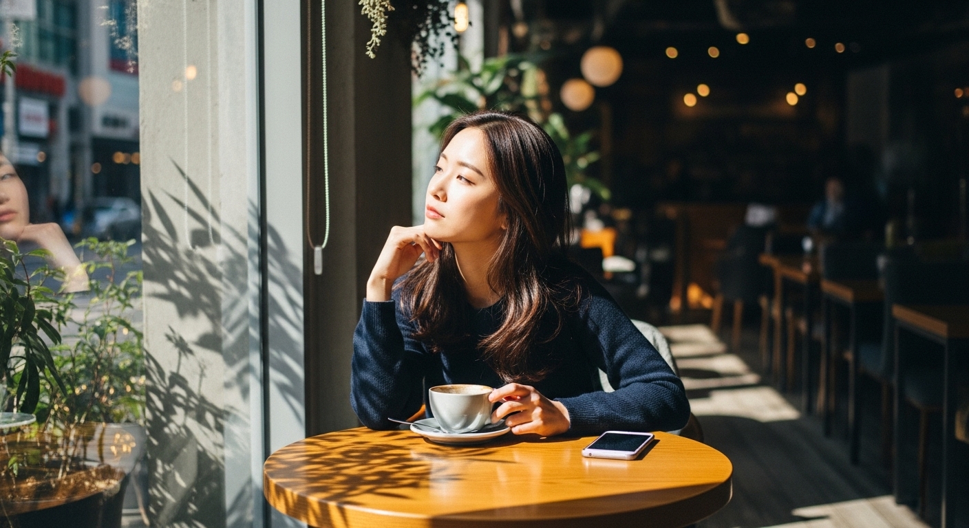 카페에서 창밖을 바라보며 사색에 잠긴 젊은 여성의 모습, 부드러운 햇살이 비추는 공간