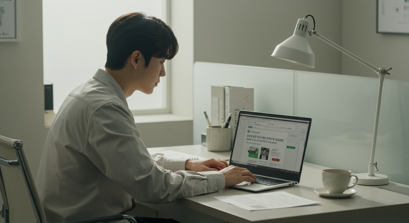 사무실에서 노트북으로 지원금 관련 정보를 확인하는 현대적인 한국 직장인