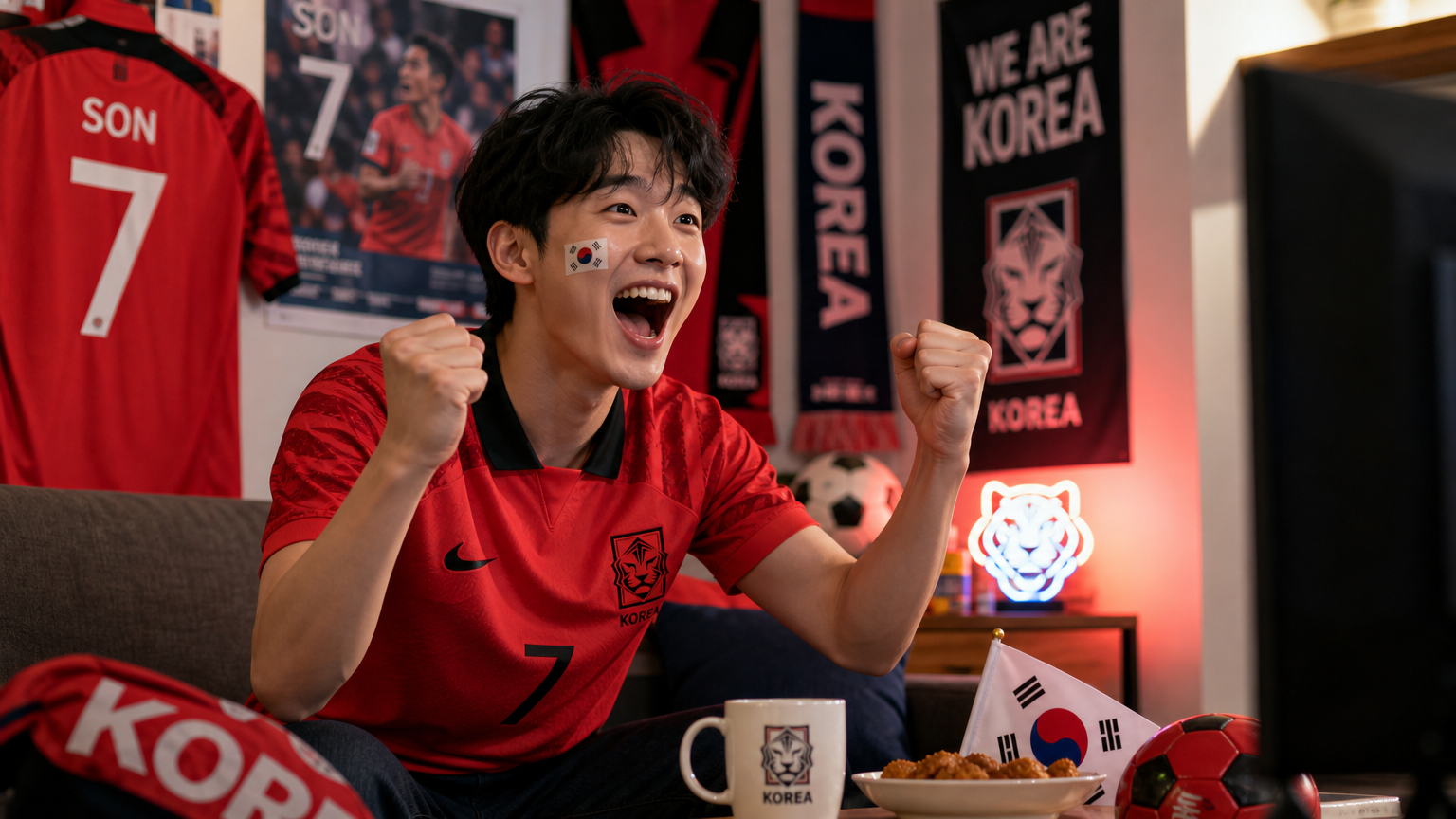 축구를 보며 흥분한 젊은 팬의 모습