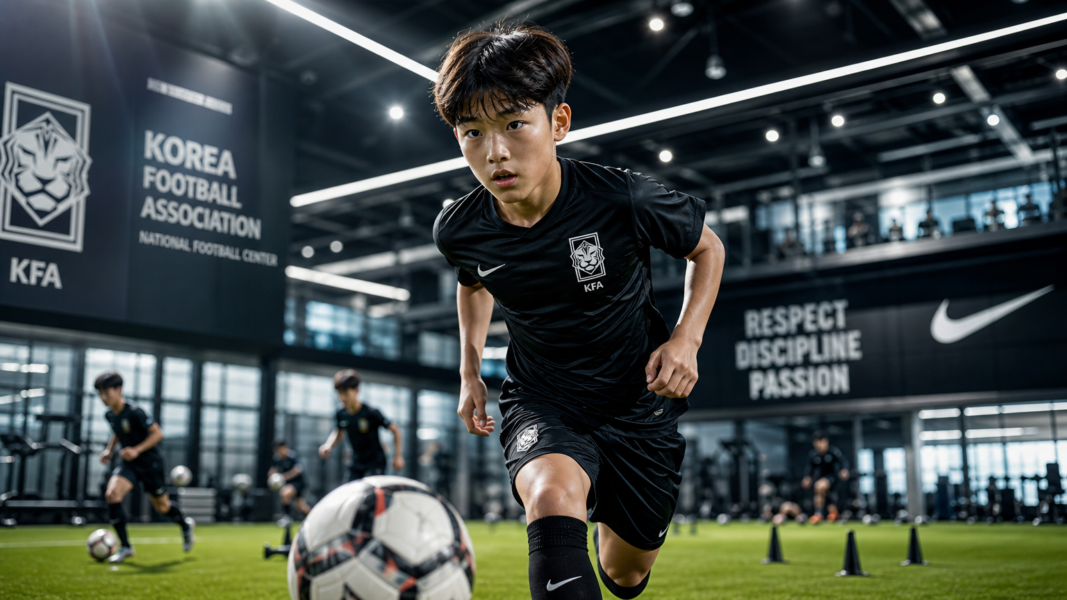 축구 아카데미에서 훈련하는 소년의 진지한 모습